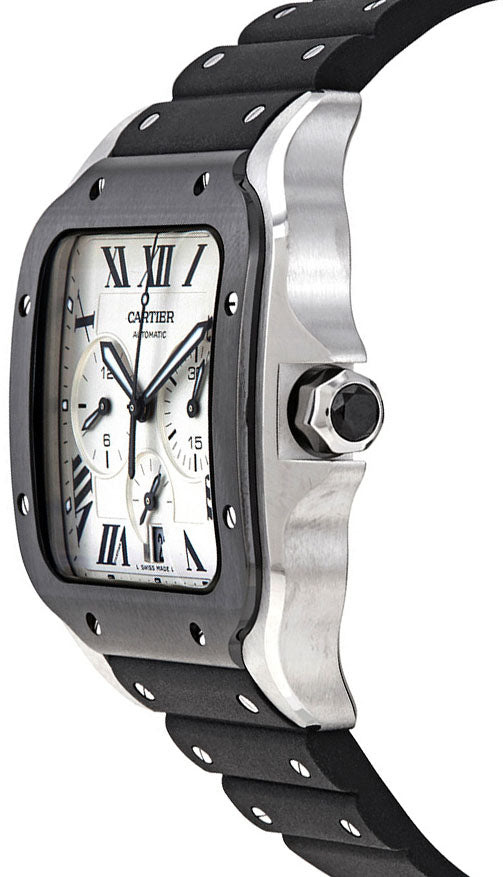 Cartier Santos De Cartier Chronograph Silver Dial Black Rubber Men's Watch WSSA0017